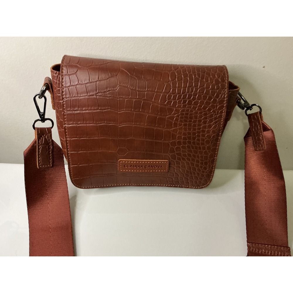 Claudia‎ Canova Brown Croc Embossed Crossbody Bag Wide Web Strap Women Messenger